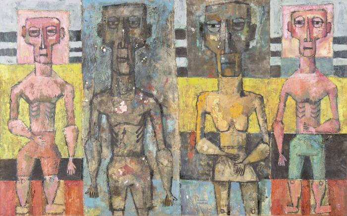Painting of four emancipated men standing in a row, with different colors blocked around them
